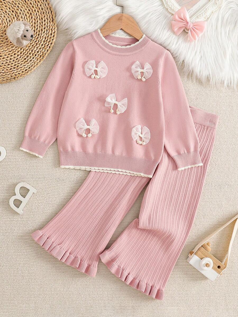 年轻女孩的毛衣套装 - 甜美厚重 3D 手工蝴蝶结和珍珠缀饰粉色针织套装，宽松百搭时尚长袖套头衫 + 裤子两件套，适合秋冬季日常穿着、外出和旅行 - 粉色 - 查看 1