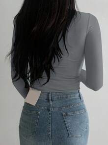 DAZY Camiseta de manga larga con cuello alto como capa base para mujer, color negro, para primavera/verano/otoño - Gris Oscuro - Ver 2