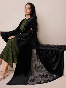 Veilorie Women's Solid Color & Printed Patchwork Abaya, Minimalist Everyday Long Sleeve Abayas Dubai Luxury