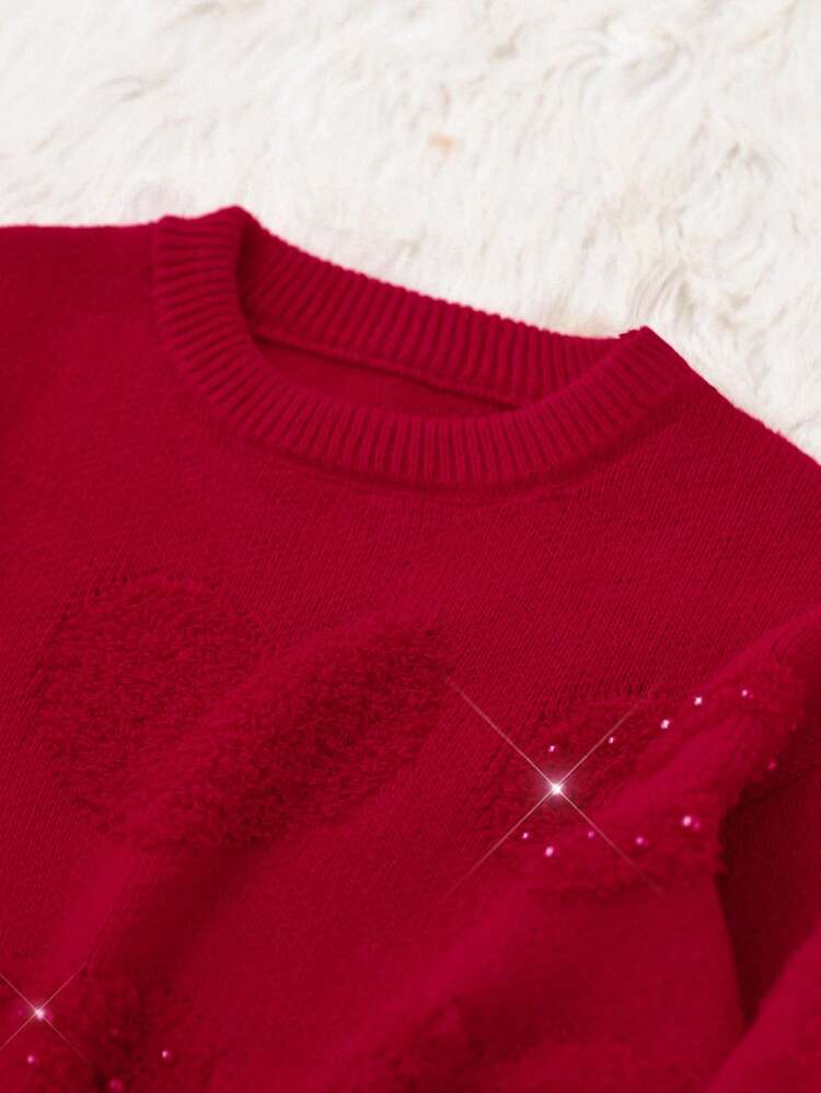 GENKIRA Studded Heart Loose Casual Pullover Sweater - Red - View 5