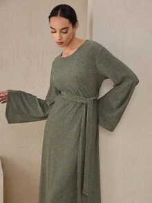 Graceveil Women's Green Autumn Soft Ribbed Knit Fabric Round Neck Flare Sleeve Button Tie Design Long Dress - Army Green - View 7