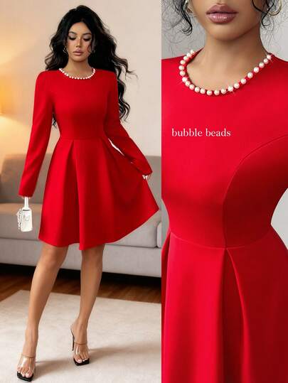 Rafferiza Elegant Pearl Decor Round Neck Long Sleeve Cinched Waist Flared Hem Red Dress, Spring/Autumn