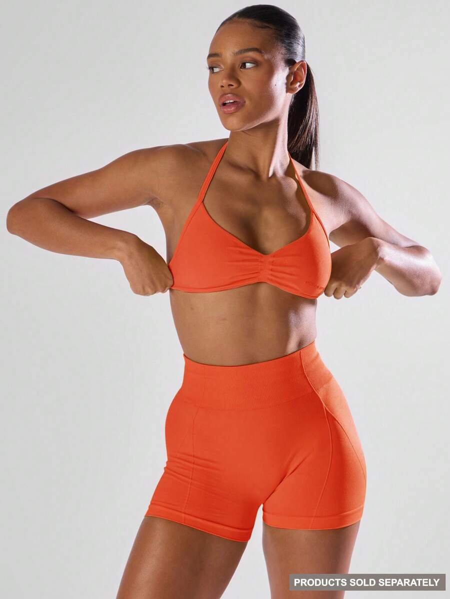 Musera Sport Solid Ruched Bust Open Back Halter Sports Bra , Active Comfy Workout Gym Outfit Running Run Club ,Padel, Tennis, Pickleball Gym Yoga Pilates Fitness Daily Casual - Orange - View 1