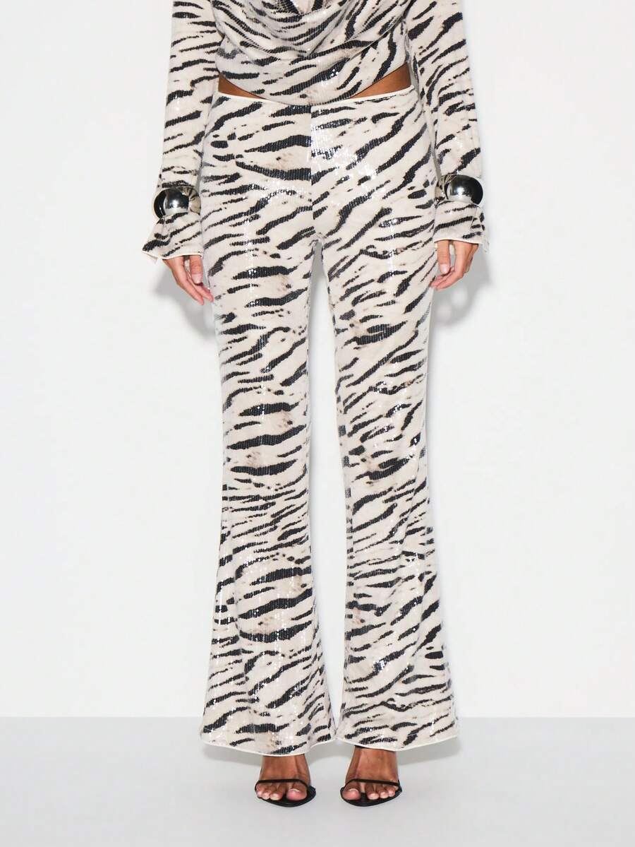 KIZN Sequin Zebra Print High Rise Flare Trousers With Puddle Hem For Evening Parties - Black and White - View 1