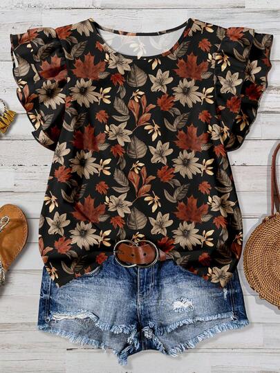 EMERY ROSE Plus Size Women Maple Leaf Print Round Neck Cap Sleeve Blouse, Autumn Small Flying Sleeve Loose Shirt Chic Blouses For Women