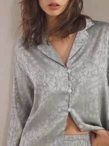 Ocili 缎面提花极简抽象舒适翻领长袖上衣和裤子女士睡衣套装，时尚秋季睡衣，秋冬服装 - 卡其色 - 查看 4