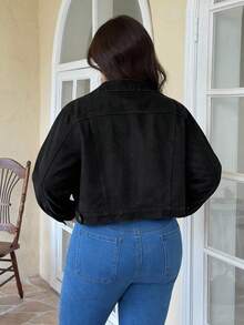 EMERY ROSE Plus Size Casual Commuter Cropped Denim Jacket - Black - View 2