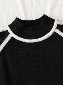 Teen Girl Turtleneck Striped Sweater, Black & White, Long Sleeve, Loose Fit, Casual, Comfortable Knit Top - Black and White - View 3