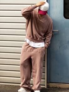 DAZY 男士字母刺绣保暖套头卫衣裤套装，秋冬季舒适保暖套装 - 棕色 - 查看 3