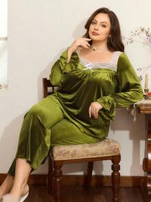 Côtesoire Plus Size French Avocado Velvet Ruched Contrast Lace Long Sleeve Top & Pants Pajama Set,Elegant Olive Green Autumn Night Wear Sleepwear - Olive Green - View 1