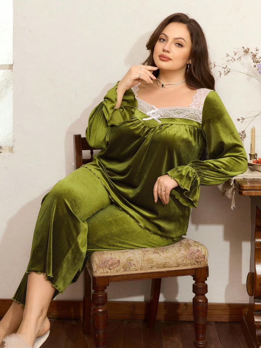 Côtesoire Plus Size French Avocado Velvet Ruched Contrast Lace Long Sleeve Top & Pants Pajama Set,Elegant Olive Green Autumn Night Wear Sleepwear - Olive Green - View 1