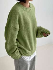 DAZY Cozy Fabric Green Regular Hem Rib-Knit Long Sleeve Women's Pullover,Autumn/Winter - Green - View 4