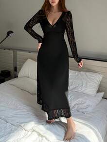DAZY Nuisette longue pour femmes avec patchwork en dentelle et taille cintrée, pour l'hiver - Noir - Voir 7