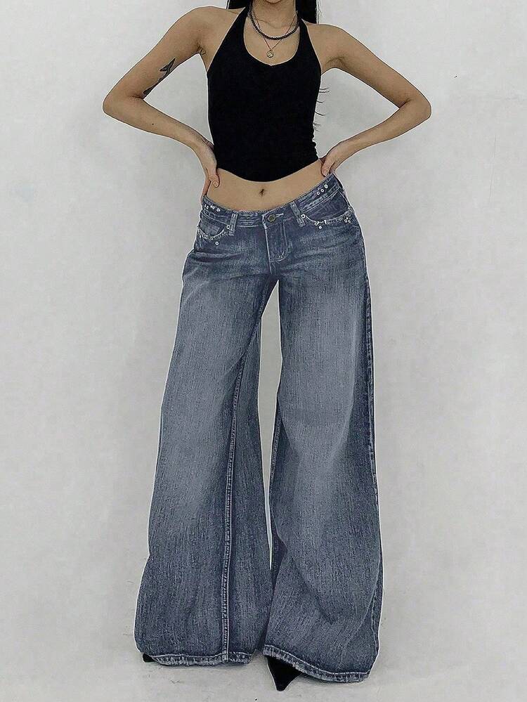 Women's Pocket Loose Wide Leg Casual Versatile Jeans