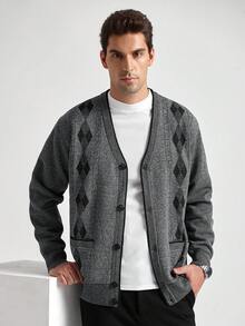 Manfinity CityGents Kardigan męski w stylu koreańskim, z dekoltem w serek, gruby, dzianinowy kardigan z podszewką termiczną w stylu vintage, jesień/zima