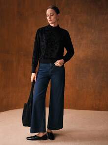 MOTF PREMIUM Femmes Couleur Unie Velours Dentelle Col Rond Manches Longues Tricot Pull, Automne/Hiver - Noir - Voir 5