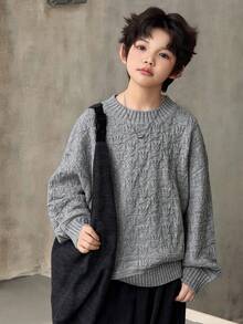 DAZY Tween Boys Grey Knitwear Pullover Sweater Regular Length Round Neck Drop Shoulder Long Sleeve Plain Design - Grey - View 5