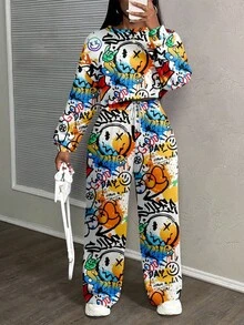 Slaydiva Women's Casual Street Style Loose Fit 2 Pieces Outfit Set, Suitable For Autumn/Winter, Graphic Print, Street & Hiphop Style - Multicolor - View 4