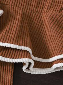 2 pièces/Set Élégant Ensemble décontracté pour Tout-petites Filles, Pull Côtelé Manches Longues Tricoté Café et Pantalon Côtelé Évasé Assorti, avec Volants Contrastés aux Poignets et à l'Ourlet, Convient pour l'Automne/Hiver, les Vacances, la Mode de Rue - Marron - Voir 3