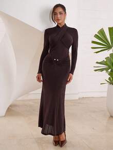 Modelyn Women's Elegant Solid Color Dress For Commuting - Mocha Brown - View 1