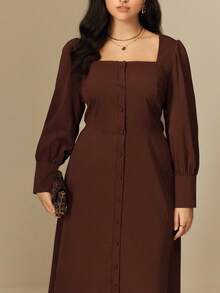 Juhart Plus Size Women's Elegant Commuter Brown Square Collar Single-Breasted Puff Sleeve Long Sleeve Fitted Slim Long Dress