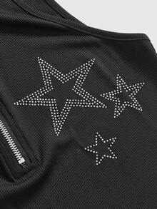 ROMWE Grunge Punk Women's Summer Zipper Half-Open Collar Rhinestone Star Decorated Vest - Army Green - View 3