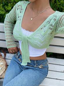SHEIN Unity Women's Long Sleeve Hollow Out Twist Front Sexy Crop Cardigan, Resort Style - Green - View 1