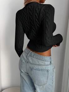 Aloruh Black Sweater Women's Vintage Chunky Knit Crew Neck Fitted Long Sleeve Pullover Sweater, Minimalist Apricot Color Base Layer In Fall/Winter,Black Top,Fall,Fall Clothes For Women Fashion Clothing Street Chic - Black - View 3