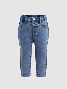 SHEIN Baby Girl Cute Blue Denim Thermal Lined Elastic Skinny Pants,Fall,Winter, Casual And Fashionable Vacation,Halloween Denim Jeans, Christmas, Baby Elastic And Comfortable Denim Jeans - Medium Wash - View 5