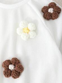 SHEIN Tween-Mädchen Lässiges Oberteil mit Blumenmuster und 3D-Dekor, Rundhalsausschnitt und Hose mit weitem Bein, Herbst-/Winter-Outfit - Khaki - Übersicht 4