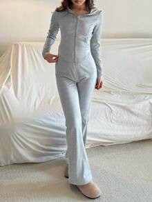 SHEIN 少女两件套：灰色连帽罗纹针织短款开衫和喇叭裤，休闲街头装 - 灰色 - 查看 3