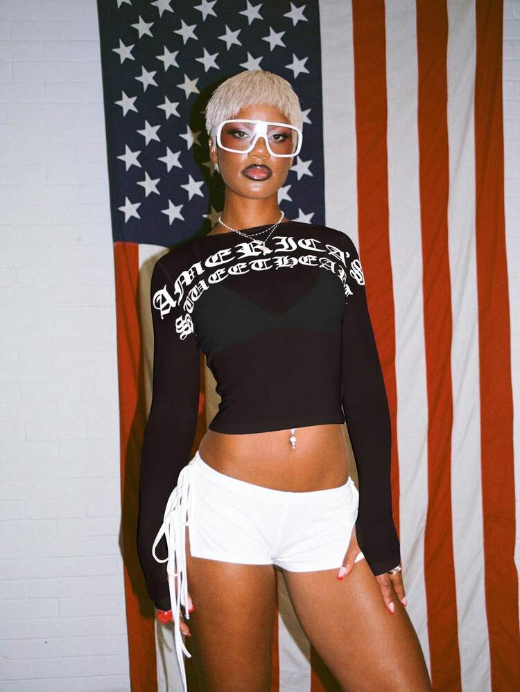 Gothic Long Sleeve Crop Top With Text