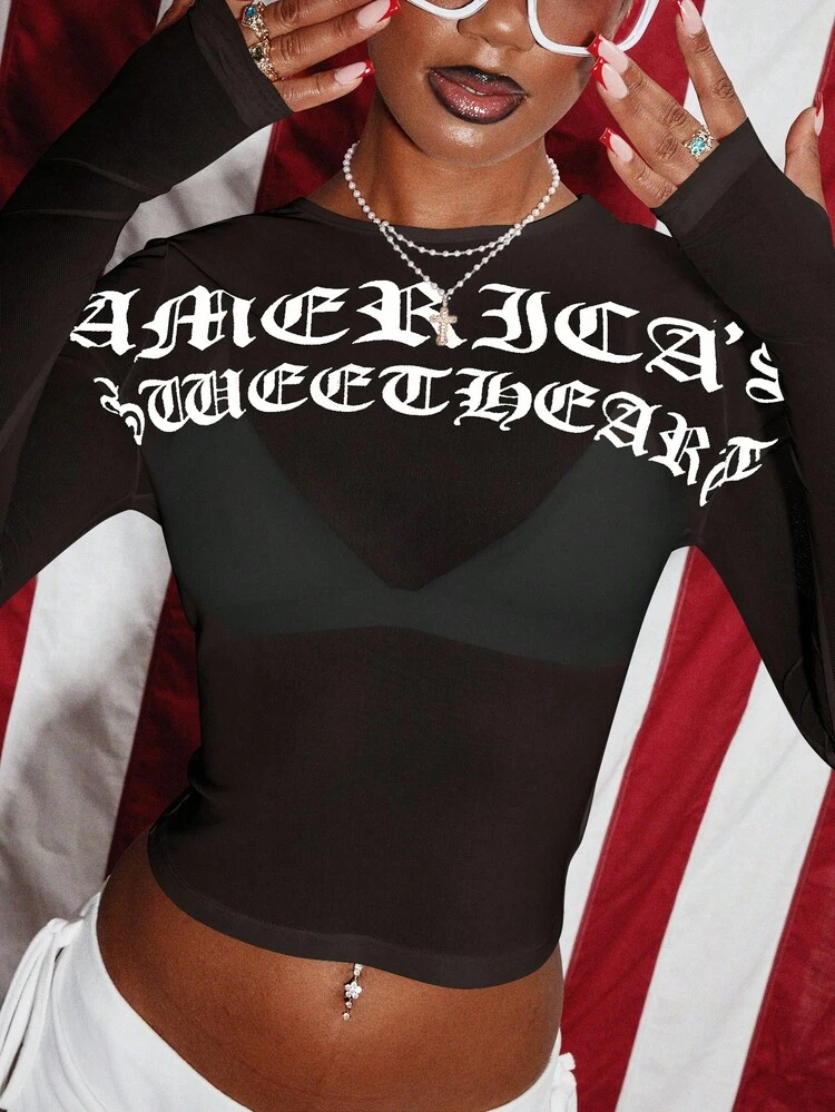 Gothic Long Sleeve Crop Top With Text