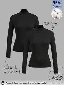 Tseoso 2pcs Women High Neck Tight Fit Long Sleeve Base Layer T-Shirt Set, Suitable For Autumn/Winter. Versatile For Daily Wear, 95% Cotton, Indoor And Outdoor, Vintage, Soft Girl, Outing Items, Home, Back To School, Fall Women Clothes, Versatile, Old Money, New Money, Gift For Mom, Family Gift, Christmas Gift - Black - View 1