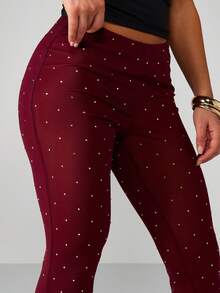 MISSGUIDED Burgundy Polka Dot Mesh High Rise Flare Pants Wide Leg Bell Bottom Fall Winter Trousers Christmas - Red - View 4
