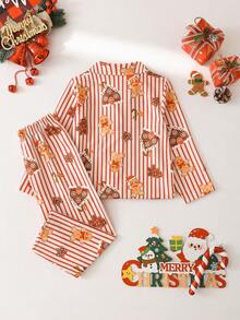 Bộ 2 món/Bộ đồ ngủ tay dài in hình người bánh gừng và cây thông Noel cho bé gái - Đỏ - Xem 2