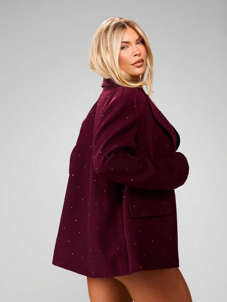 MISSGUIDED Embellished Burgundy Blazer With Scattered Hotfix Rhinestone Detailing Perfect For Evening Occasions And Special Events