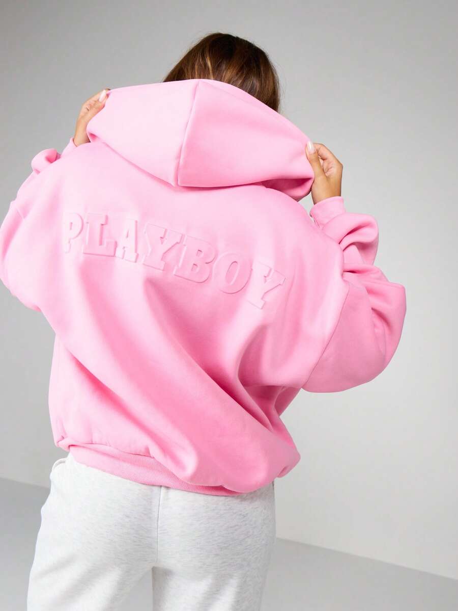 Missguided x Playboy Oversized Full Zip Hoodie With Drawstring And Centre Pocket For Casual Streetwear