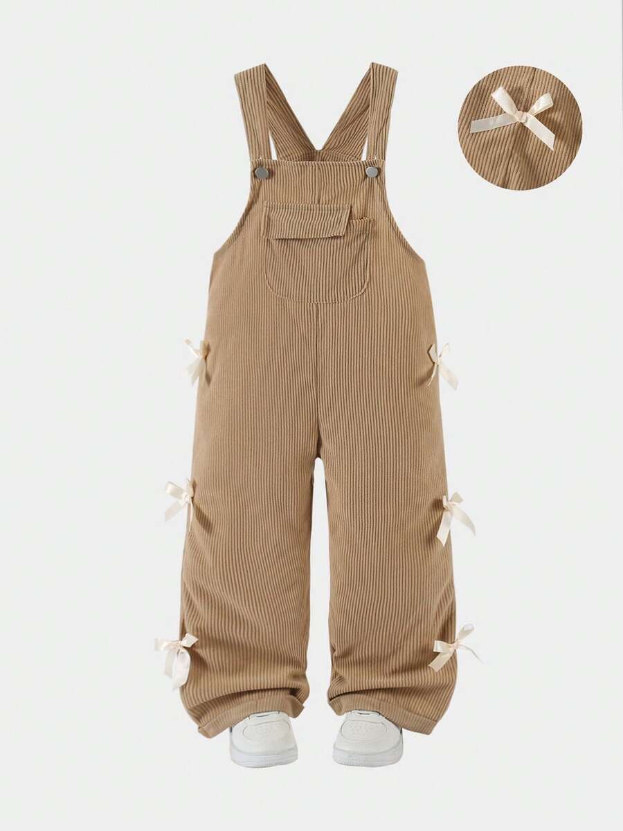 Young Girls Casual Style Young Girl' Bib Pants, Khaki Color With Bow Decor, Loose Straight Leg, Soft & Comfortable Fabric, Versatile For Daily, School, Commute, Spring/Summer/Autumn/Winter - Khaki - View 1