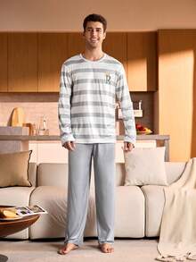 SHEIN Provexi Striped Crew Neck Long Sleeve Solid Color Pants Plus Size Men Pajama Set - Multicolor - View 3