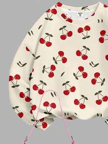 SHEIN Leap Crew Tween Girl 樱桃印花套头衫和喇叭裤套装，休闲日常通勤时尚，春秋季 - 彩色 - 查看 6