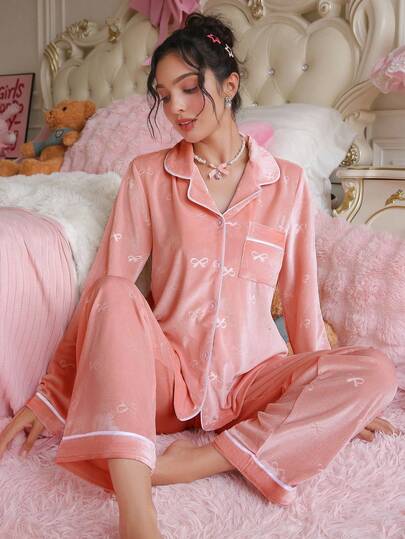 PetitDoll Bộ đồ ngủ quần và áo khoác cardigan nhung jacquard màu trơn cho nữ, bộ đồ ngủ mềm mại thu đông, bộ đồ ngủ cài nút hai mảnh, đồ ngủ nữ, bộ đồ ngủ mùa thu 2 mảnh