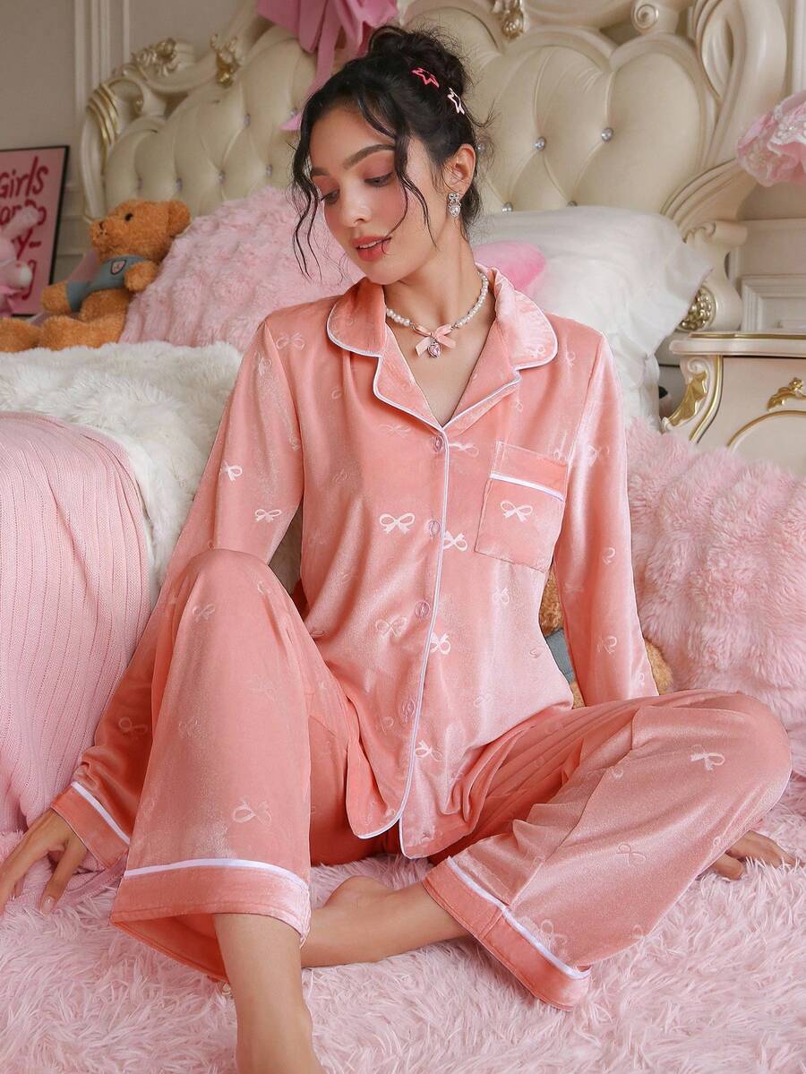 PetitDoll Women's Solid Color Bow Jacquard Velvet Cardigan And Pants Sleepwear Set, Autumn/Winter Soft Pajamas Set Button Up Pajama Set Two Pieces Sleepwear Set Sleep Wear Women 2 Pieces Set Fall Clothes - Pink - View 1