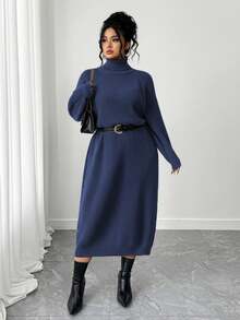 SHEIN Tall CURVE 大码休闲高领插肩袖毛衣裙 - 藍色 - 查看 3