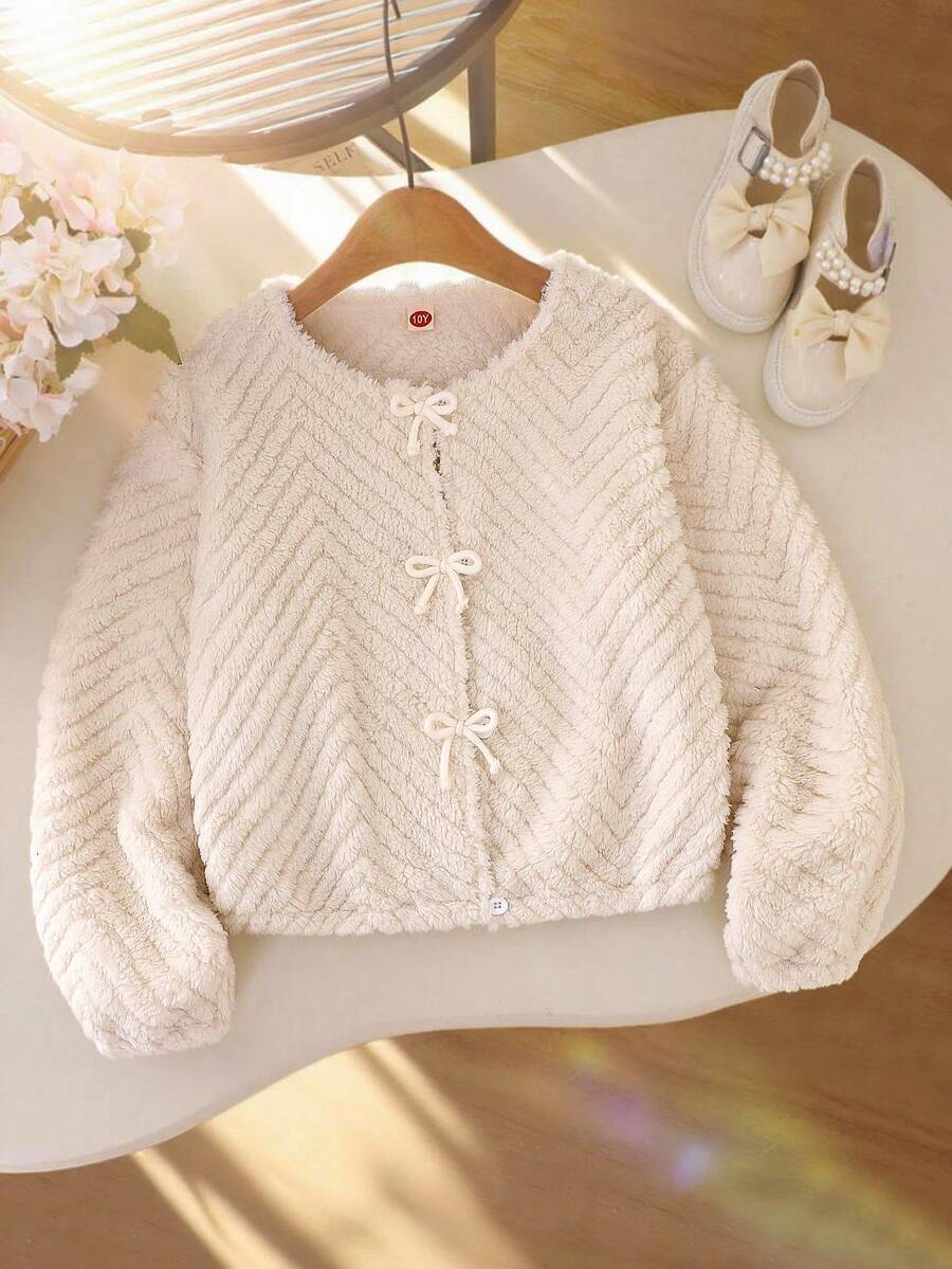 Jaqueta de damasco quente e grossa minimalista, casual e fofa para meninas pré-adolescentes, com decoração de laço fofo, manga comprida, outono/inverno - Damasco - Ver 1
