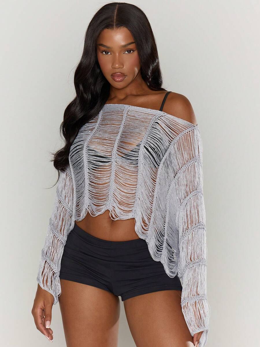 MUSERA 斜领破洞流苏串珠长袖上衣，西部乡村街头风，适合节日、优雅、Y2K、性感、可爱、90年代波西米亚风、中西部、晚宴和派对等场合。 - 灰色 - 查看 1