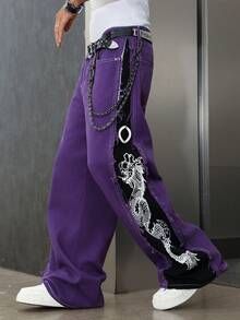 Manfinity EMRG Quần jean ống rộng in hình rồng chắp vá màu tương phản dành cho nam - Nhiều màu - Xem 5