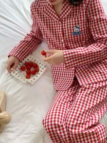 女士宽松舒适红色格子休闲简约兔子刺绣图案两件套睡衣套装 - 紅白色 - 查看 1