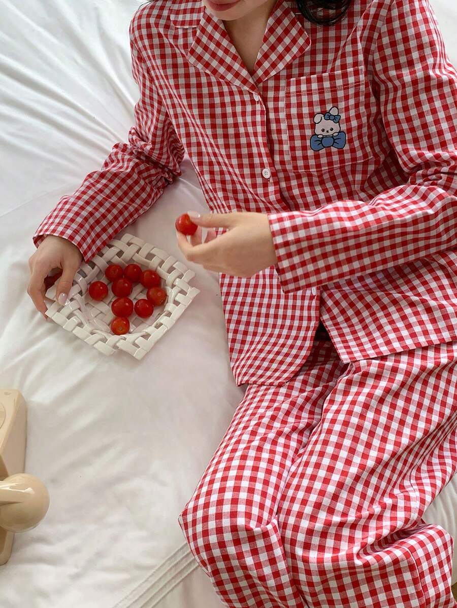 女士宽松舒适红色格子休闲简约兔子刺绣图案两件套睡衣套装 - 紅白色 - 查看 1