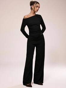 SHEIN BAE 女士纯色不对称肩长袖褶皱T恤和阔腿裤休闲套装 - 黑色 - 查看 6